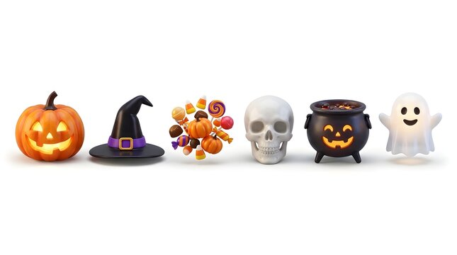 3d halloween elements including pumpkin, witch hat, candy, skull, cauldron and ghost