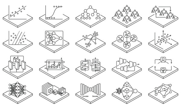 Machine learning algorithms and data science isometric icons
