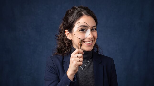 A young woman with dark hair wearing a navy blue blazer and grey turtleneck, holding a ad social media download thambnail template event festive festival 2026 2027 2028