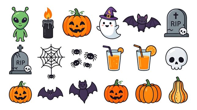 Halloween vector icon set with pumpkins, ghosts, bats, skulls, and spiders
