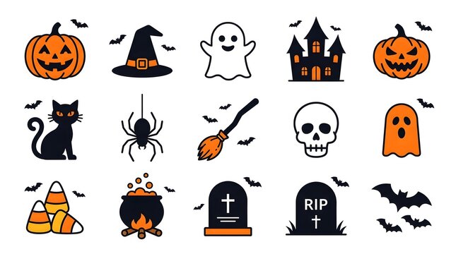 Set of halloween icons with pumpkins, ghosts, bats, and spooky elements