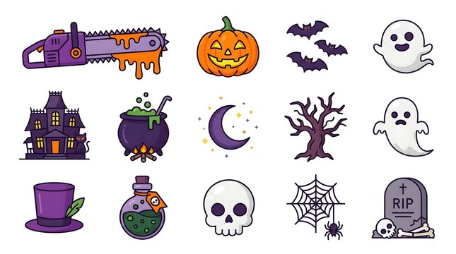 Collection of colorful halloween icons and spooky holiday symbols