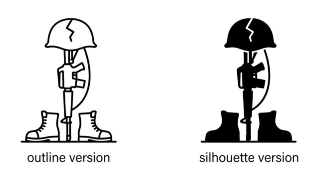 Fallen Hero Tribute: A solemn depiction of a soldier's memorial, featuring a helmet and boots resting on a rifle, presented in both outline and silhouette formats to honor fallen soldiers.