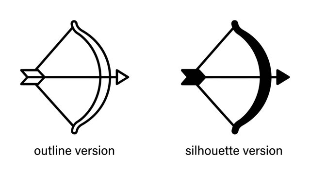 Bow and Arrow Icons: Two stylized representations of a bow and arrow, one as a clean outline and the other as a solid silhouette, offering versatile graphic elements for various designs and themes.