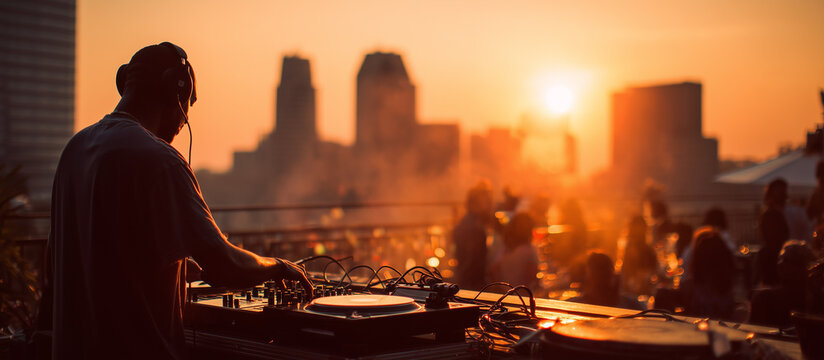 DJ performing in rooftop at sunset