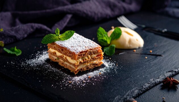 mille-feuille dessert with powdered sugar and mint on black slate