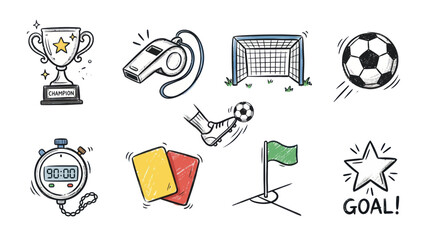 Soccer Game Icons: Trophy, Whistle, Goal, Ball, Stopwatch, Cards, Flag, Star © Budi