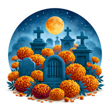 Illustration of a Mexican cemetery at night during Dia de los Muertos, with tombs decorated with marigolds, candles, sugar skulls and ofrendas under a full moon