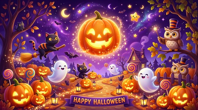 Magical happy halloween scene with glowing pumpkins and cute characters