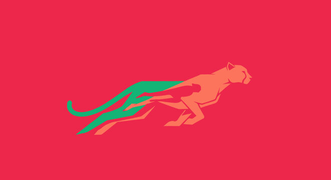 Geometric cheetah running on a vibrant red background with green tail, modern minimalist design
