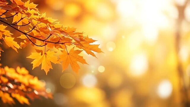 Bright orange maple leaves glow under the warm sunlight of a crisp autumn afternoon