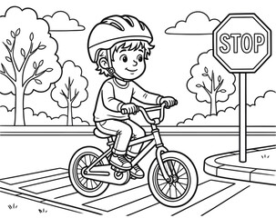 Colouring page illustration of a boy riding a bicycle near a stop sign and trees.