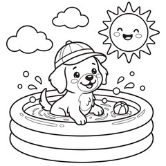 Naklejka premium Cute puppy enjoying a summer day in a paddling pool black and white colouring page illustration.