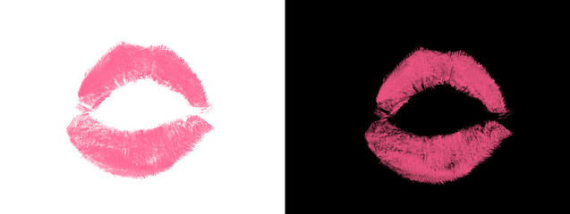 Obraz premium Bold Bright Pink Open Lip Print Kiss Mark on White and Black Background