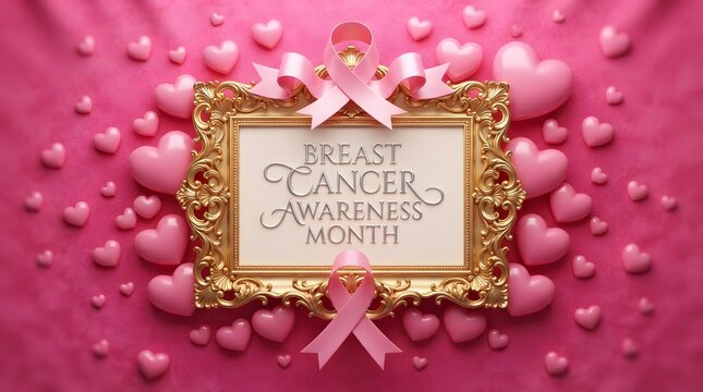 Breast cancer awareness month pink ribbon hearts support hope and prevention