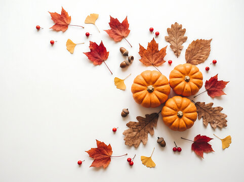 Minimalist autumn flat-lay with pumpkins and maple leaves on white background top-down view