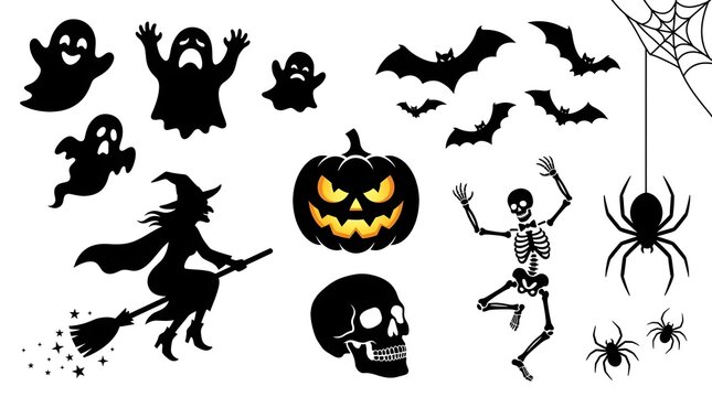 Collection of halloween silhouettes isolated on white background