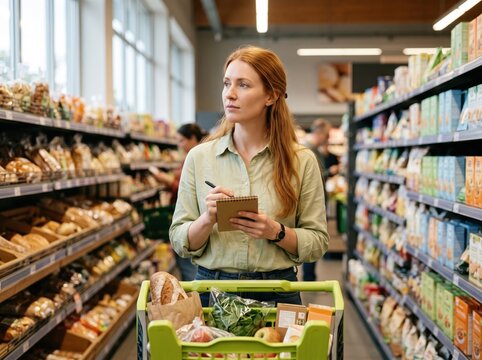 Redheaded woman in a light green shirt writing on a small notepad while standing in a grocery store aisle with a green shopping cart filled with fresh produce and bread products