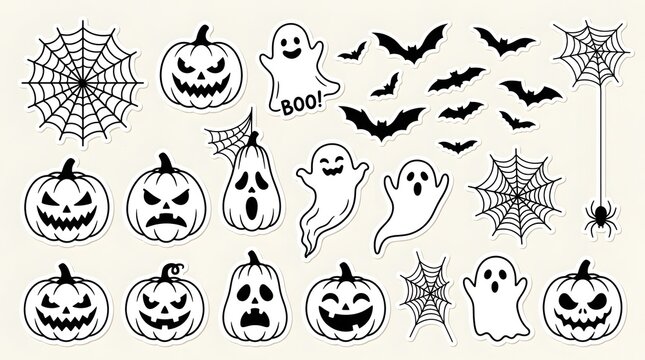 Black and white halloween sticker set with pumpkins, ghosts, and bats