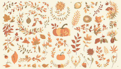 A comprehensive collection of hand-drawn autumn and fall season decorative elements, including pumpkins, various leaves, branches, berries, acorns, and flowers, on a light background. © acm