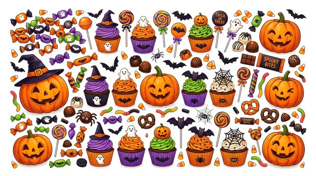 Halloween festive pattern with pumpkins, cupcakes, candies, and bats
