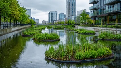 Fototapeta premium Green islands in water with buildings and trees nearby in a city setting