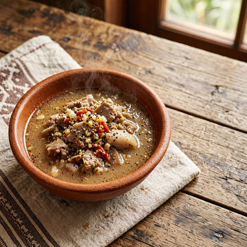 Steaming spicy meat and offal soup with chopped garlic, chili, and pepper served beside a window on a rustic wooden table.