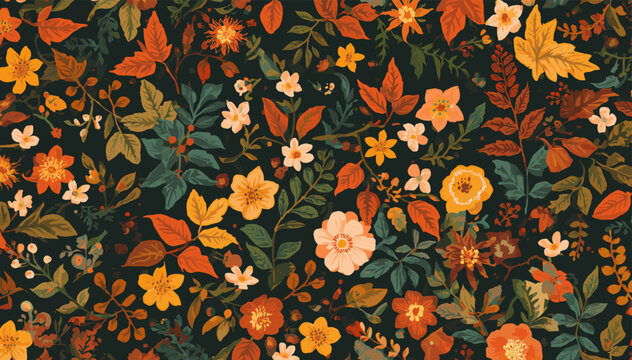 A vibrant and intricate autumn floral pattern featuring a dense array of colorful flowers and leaves on a dark background, evoking a cozy fall aesthetic.