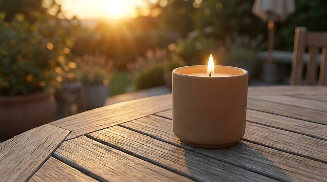 A glowing citronella candle sits on a wooden patio table at sunset, providing a peaceful and warm atmosphere for an outdoor summer evening relaxing mood.