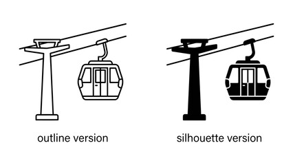 Cable Car Icons: Two cable car icons, one in outline and the other in silhouette, suspended from a cable attached to a pylon, representing aerial transportation © Nadim