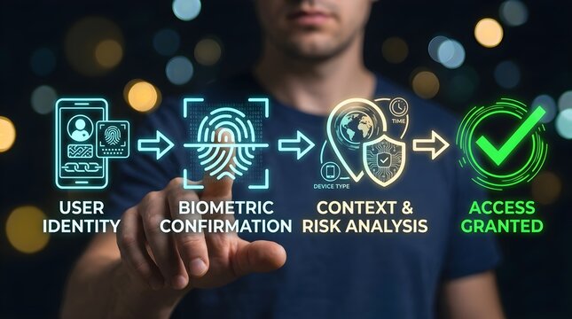 Man interacting with digital security verification process featuring biometric fingerprint scanning and multi-factor authentication for data privacy