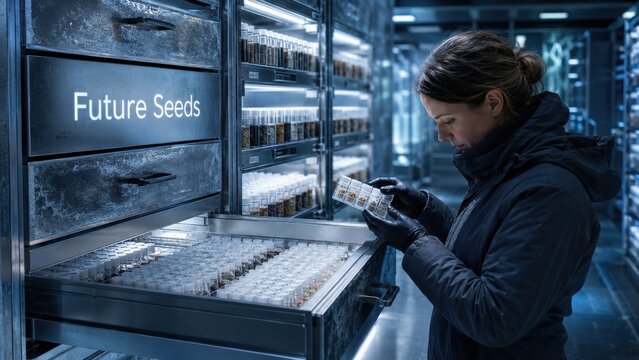 Worker examines seed samples in a storage facility designed for preserving future agricultural resources