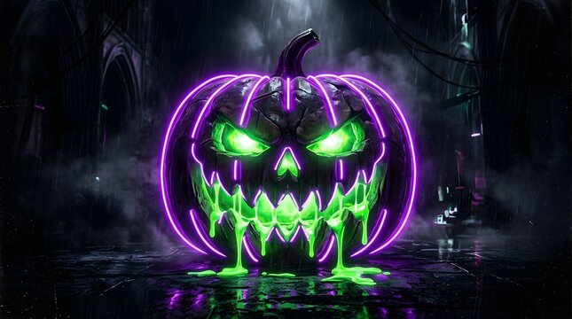 Glowing neon jackolantern with green slime in dark rainy street