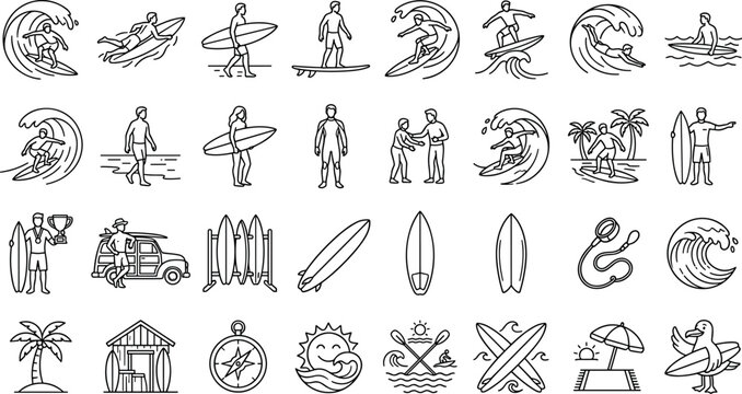 Surfing and Ocean Beach Lifestyle Icon Set with Surfer Characters Surfboards Big Waves Summer Vacation and Tropical Elements Line Art VectorSurfing and Ocean Beach Lifestyle Icon Set with Surfer Chara