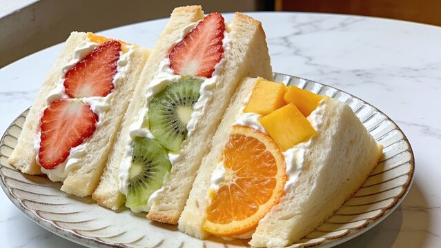 Japanese fruit sando sandwich assortment with fresh strawberry, kiwi, orange, and whipped cream on plate
