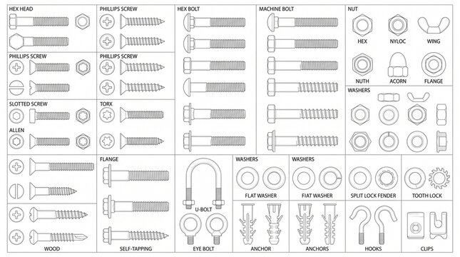 Fastener Types Chart: Screws Bolts Nuts and Washers Technical Line Art Illustration