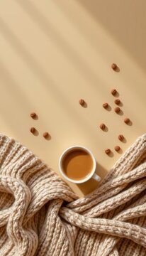 Luxury knit sweater coffee layouts floating across a serene lifestyle surface on premium amber backdrop