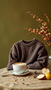 Elegant coffee latte knit sweater patterns lining a warm breakfast table on premium olive green backdrop