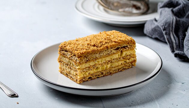 rectangular layered cake with crumb topping on white plate