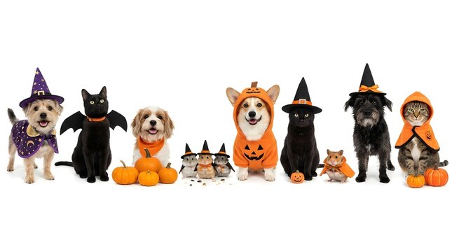 Group of cute pets dressed in halloween costumes isolated on white background
