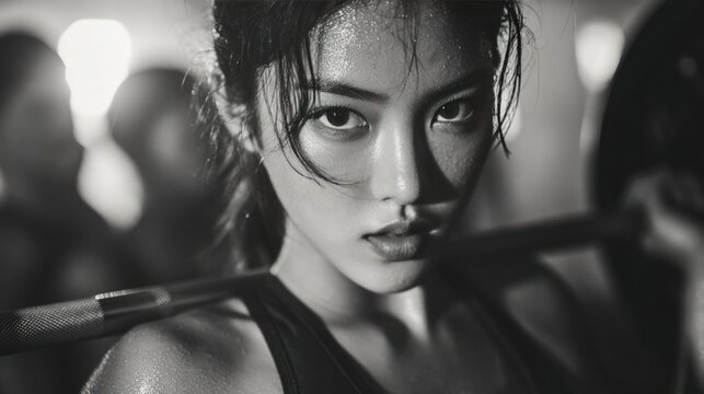Intense young Asian woman sweating while performing squats with a barbell in a gym during a high-intensity strength training workout