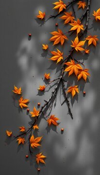 Aesthetic amber light maple designs casting fine abstract shadows on premium graphite grey monochrome backdrop