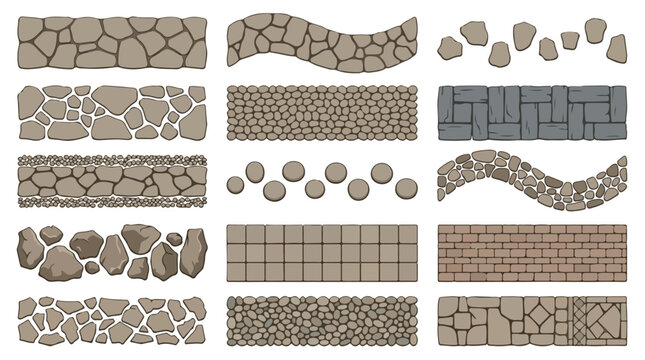 Stone path vector set, 15 garden walkway patterns and cobblestone pavement textures, masonry wall and rock road brush collection for landscaping