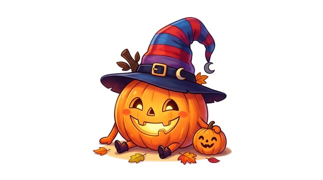 Cute cartoon pumpkin character wearing a witch hat isolated on white background