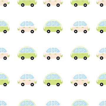 Pink and green kawaii car on a white background, seamless pattern for toys, fabric, paper wrap.