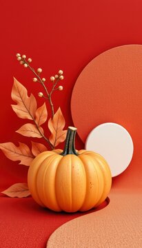 Simple pumpkin abstract elements overlapping with clean rust textile graphics on premium crimson red backdrop