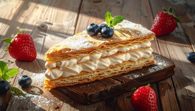 slice of mille-feuille with cream blueberries and strawberries on wood