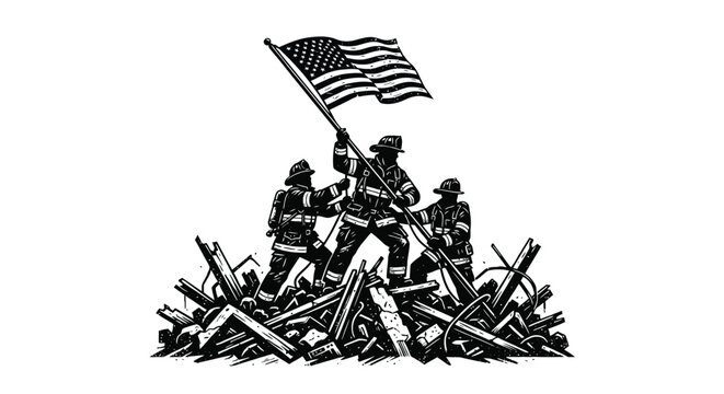 Firefighters Raising American Flag Black Silhouette On White Background