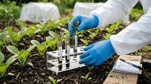 Agricultural Scientist Examining Soil Samples and Young Vegetable Plants in a Research Field