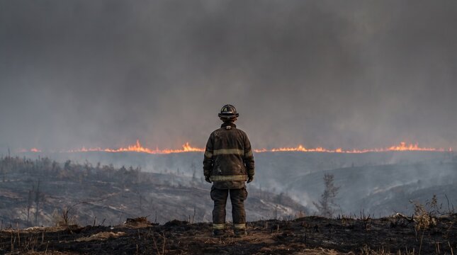Firefighter looking over burning land